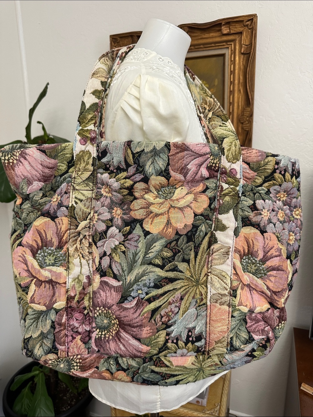 Floral Tapestry Tote Bag in Pink and Green